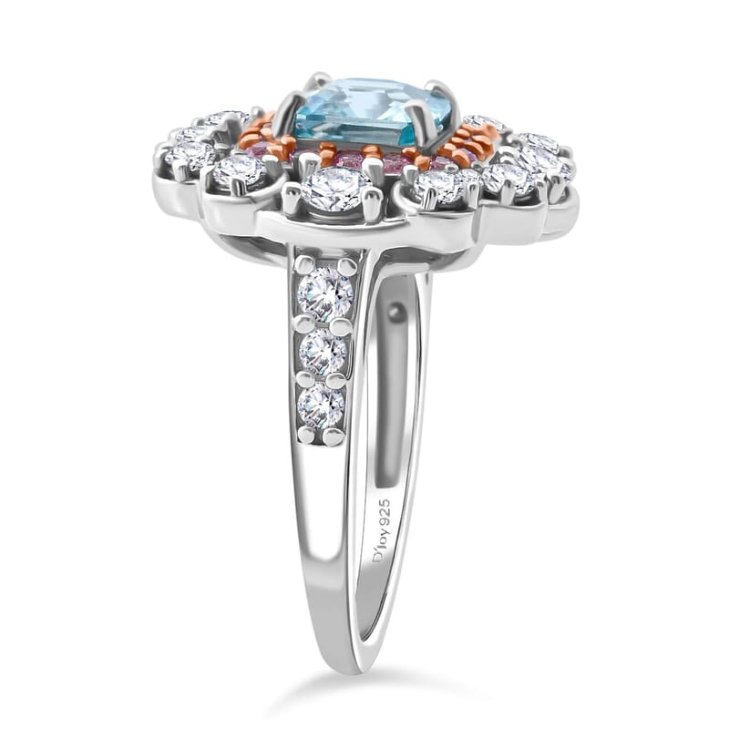 Asscher Cut Premium Cambodian Blue Zircon and Multi Gemstone 3.10 ctw Floral Ring in Rhodium Over Sterling Silver (Size 10.0)
