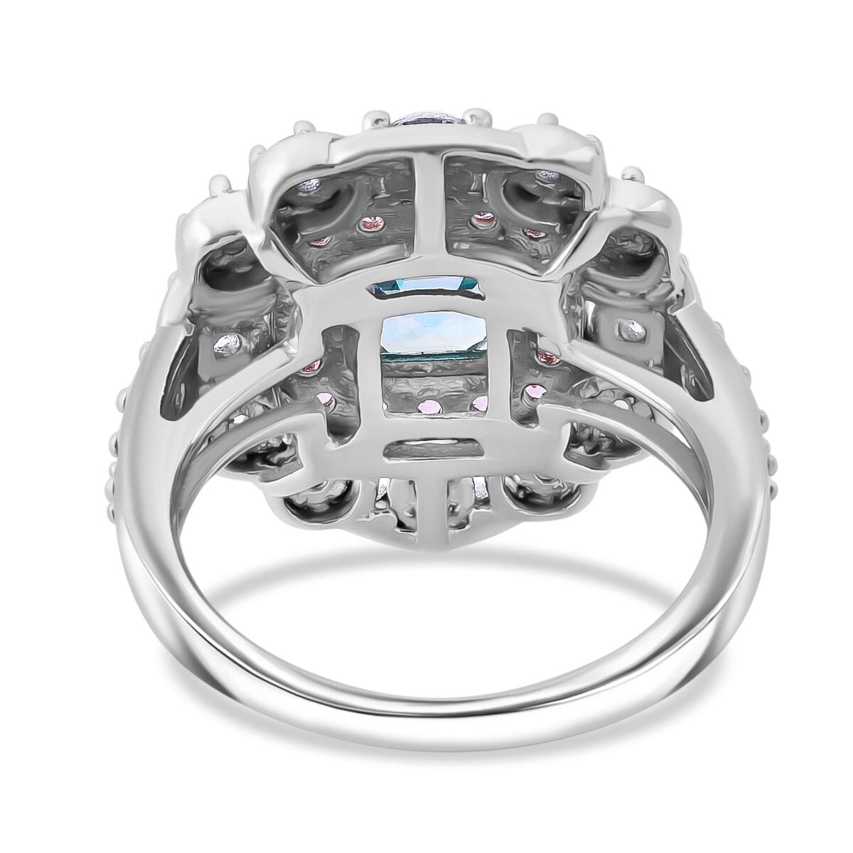 Asscher Cut Premium Cambodian Blue Zircon and Multi Gemstone 3.10 ctw Floral Ring in Rhodium Over Sterling Silver (Size 10.0) image number 4