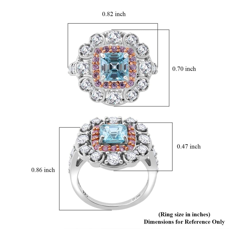 Asscher Cut Premium Cambodian Blue Zircon and Multi Gemstone 3.10 ctw Floral Ring in Rhodium Over Sterling Silver (Size 10.0)