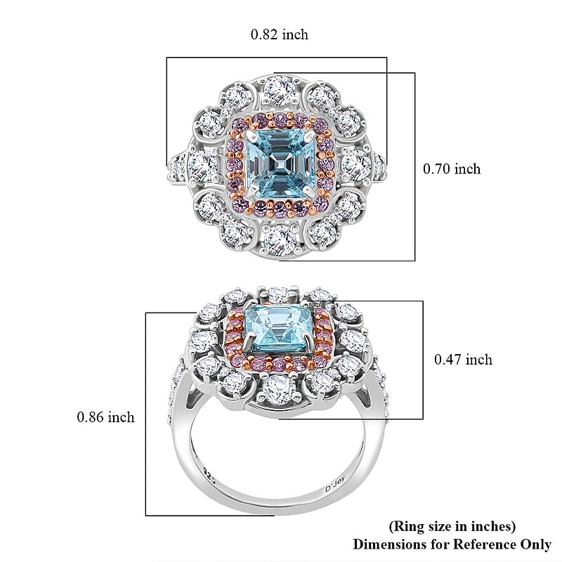 Asscher Cut Premium Cambodian Blue Zircon and Multi Gemstone 3.10 ctw Floral Ring in Rhodium Over Sterling Silver (Size 10.0)