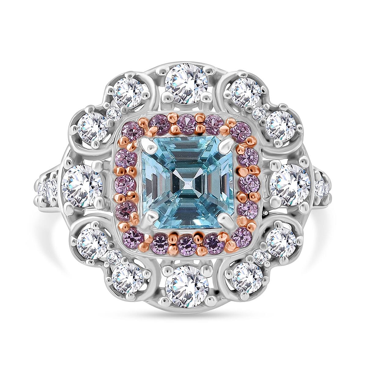 Asscher Cut Premium Cambodian Blue Zircon and Multi Gemstone 3.10 ctw Floral Ring in Rhodium Over Sterling Silver (Size 5.0) image number 0