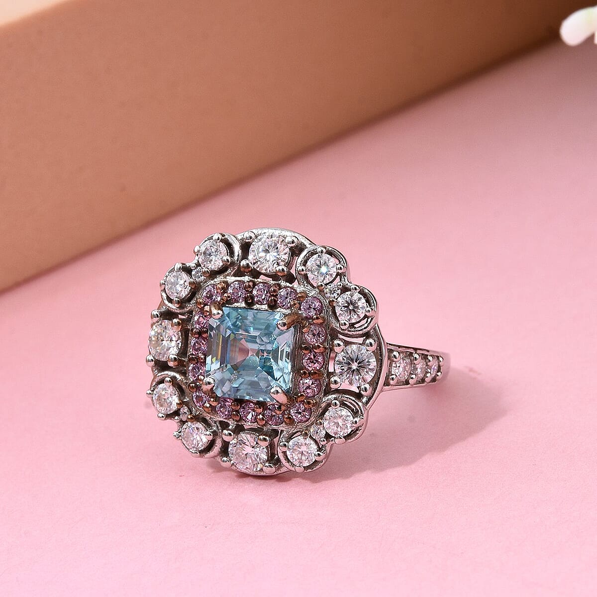 Asscher Cut Premium Cambodian Blue Zircon and Multi Gemstone 3.10 ctw Floral Ring in Rhodium Over Sterling Silver (Size 5.0) image number 1