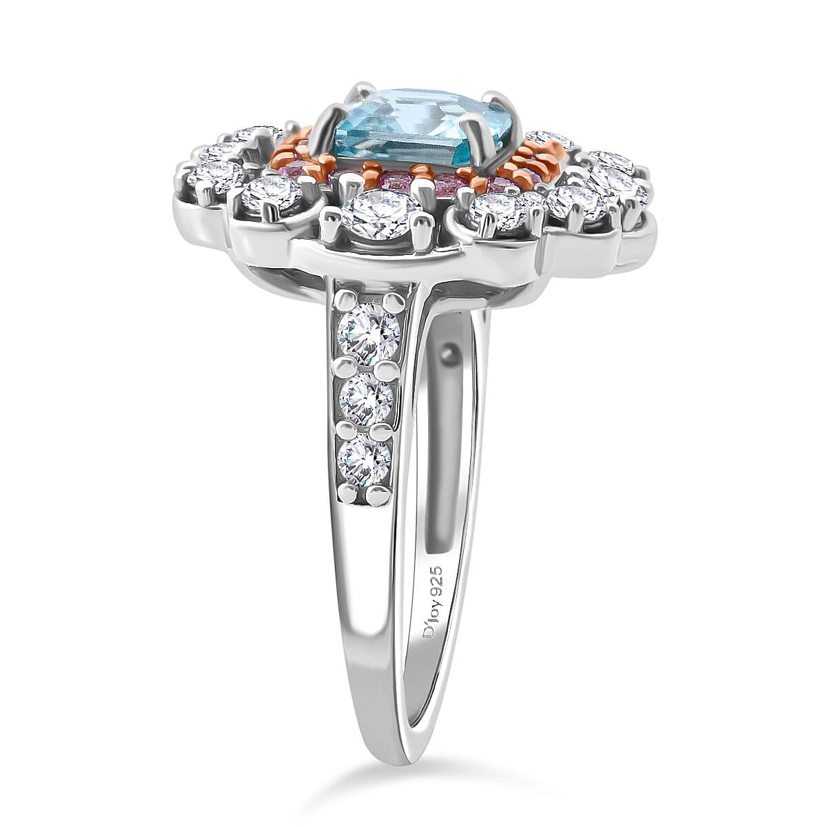Asscher Cut Premium Cambodian Blue Zircon and Multi Gemstone 3.10 ctw Floral Ring in Rhodium Over Sterling Silver (Size 5.0) image number 3