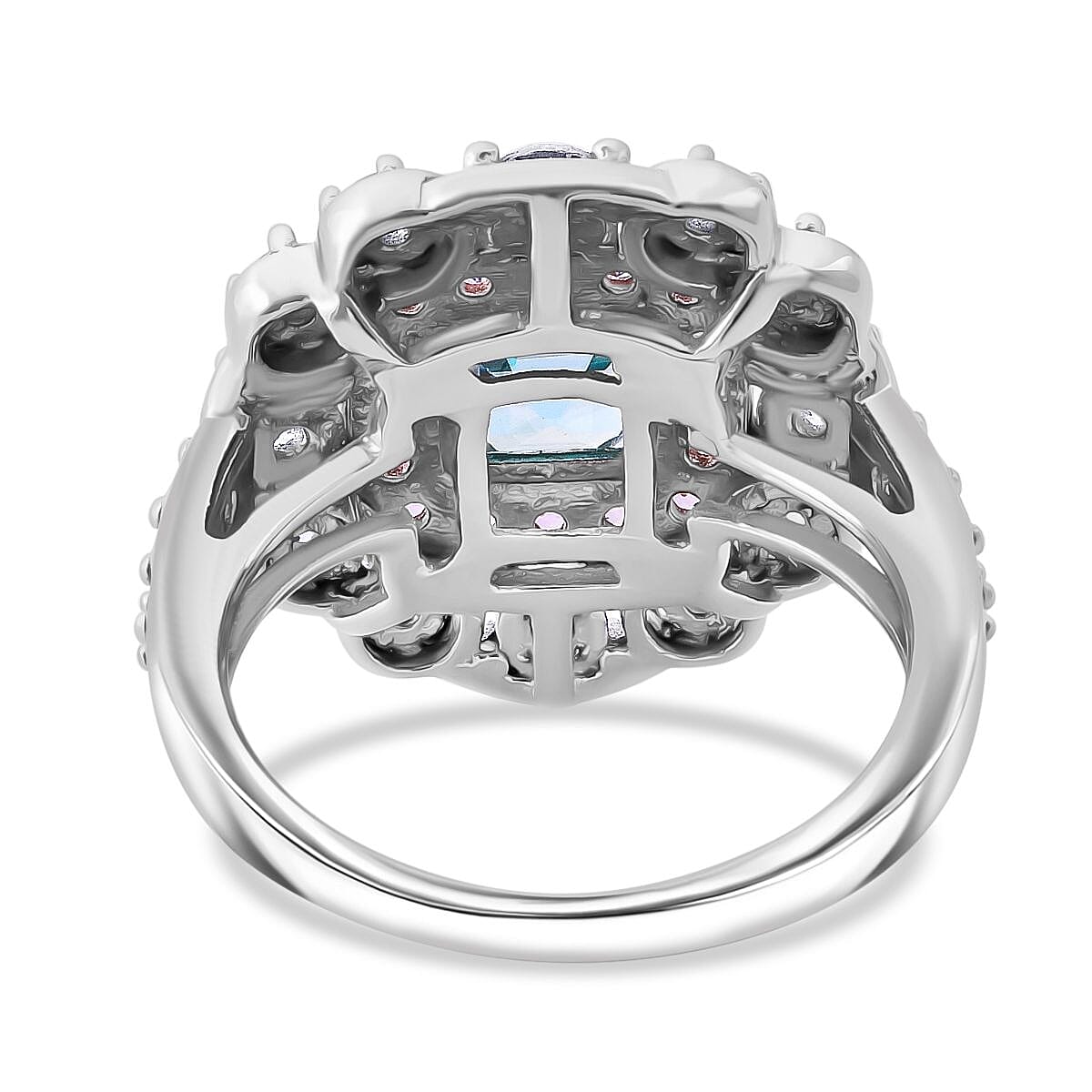 Asscher Cut Premium Cambodian Blue Zircon and Multi Gemstone 3.10 ctw Floral Ring in Rhodium Over Sterling Silver (Size 5.0) image number 4