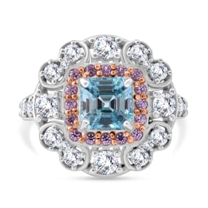Asscher Cut Premium Cambodian Blue Zircon and Multi Gemstone 3.10 ctw Floral Ring in Rhodium Over Sterling Silver (Size 8.0)