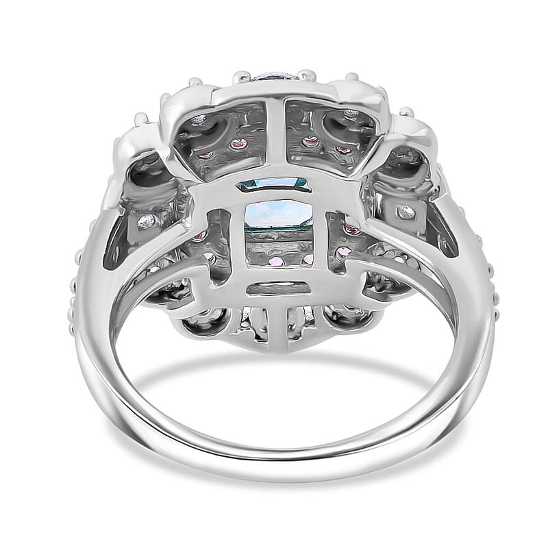 Asscher Cut Premium Cambodian Blue Zircon and Multi Gemstone 3.10 ctw Floral Ring in Rhodium Over Sterling Silver (Size 8.0)