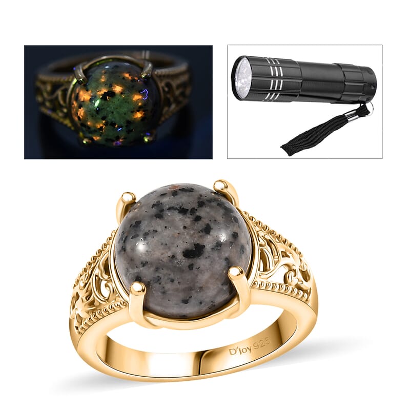 D'Joy Natural Yooperlite 6.80 ctw Eldoria Glow Ring in 18K Vermeil Yellow Gold Over Sterling Silver (Size 10.0) with Free UV Flash Light