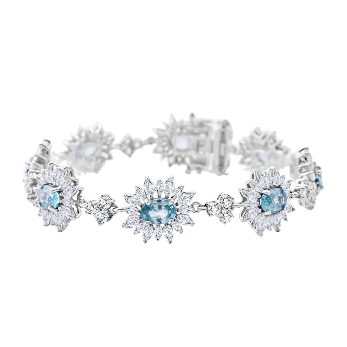 Premium Cambodian Blue Zircon and White Zircon 18.50 ctw Sunburst Bracelet in Rhodium Over Sterling Silver (6.50 In) image number 0