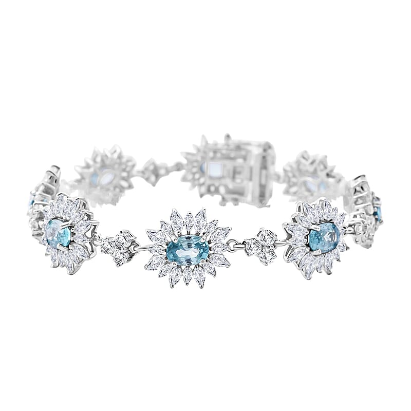 Premium Cambodian Blue Zircon and White Zircon 18.50 ctw Sunburst Bracelet in Rhodium Over Sterling Silver (6.50 In)