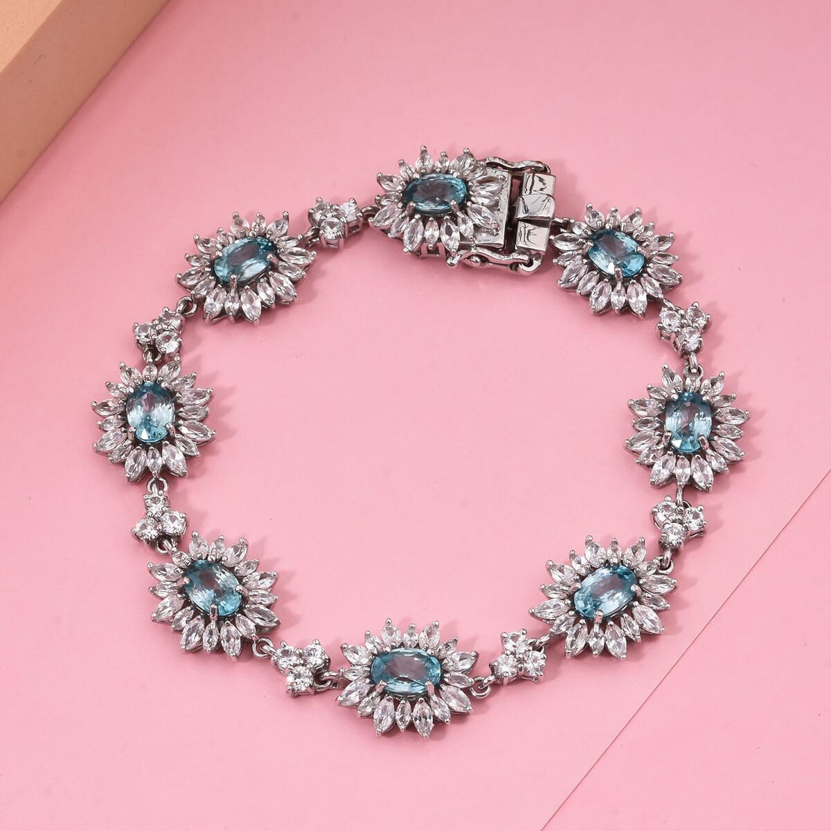 Premium Cambodian Blue Zircon and White Zircon 18.50 ctw Sunburst Bracelet in Rhodium Over Sterling Silver (6.50 In) image number 1