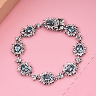 Premium Cambodian Blue Zircon and White Zircon 18.50 ctw Sunburst Bracelet in Rhodium Over Sterling Silver (6.50 In)