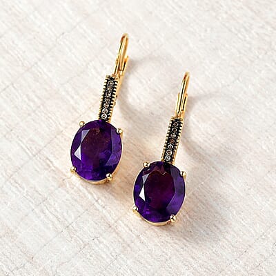 D'Joy Premium African Amethyst and Natural Champagne Diamond 6.65 ctw Art Deco Earrings in 18K Vermeil Yellow Gold Over Sterling Silver