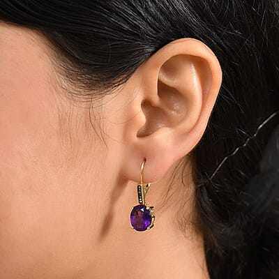 D'Joy Premium African Amethyst and Natural Champagne Diamond 6.65 ctw Art Deco Earrings in 18K Vermeil Yellow Gold Over Sterling Silver