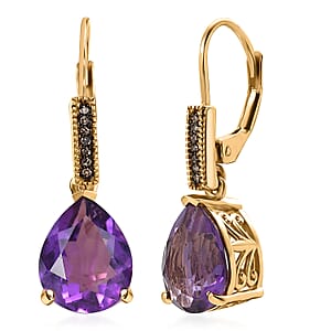 D'Joy Premium African Amethyst and Natural Champagne Diamond 5.95 ctw Art Deco Earrings in 18K Vermeil Yellow Gold Over Sterling Silver