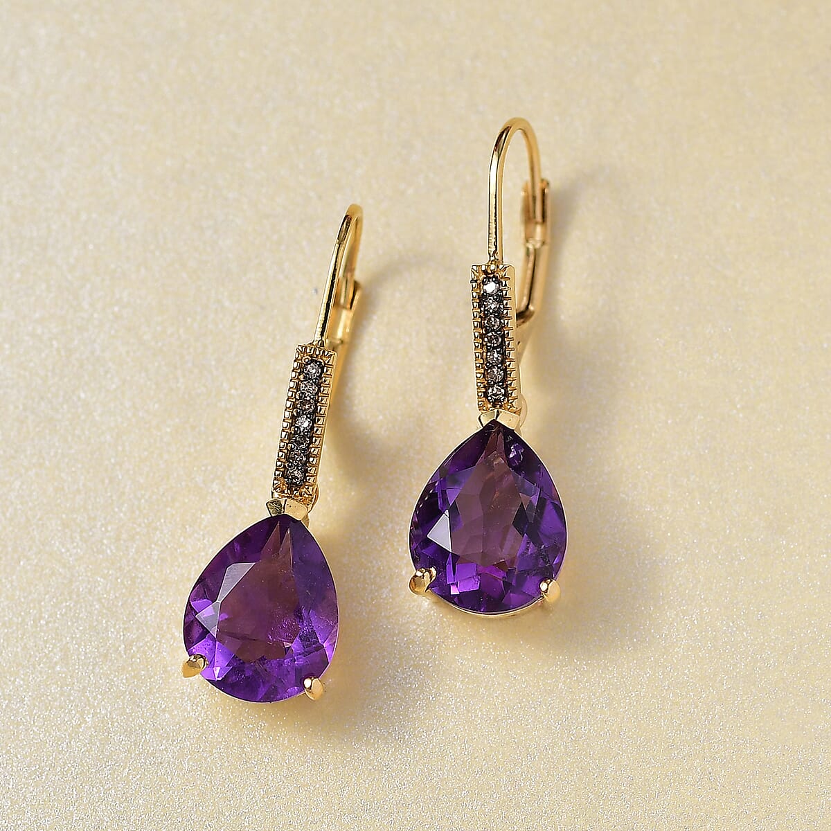 D'Joy Premium African Amethyst and Natural Champagne Diamond 5.95 ctw Art Deco Earrings in 18K Vermeil Yellow Gold Over Sterling Silver image number 1