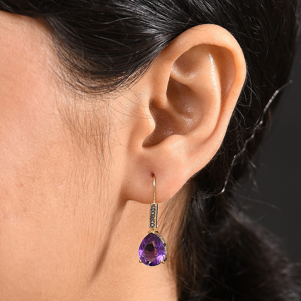 D'Joy Premium African Amethyst and Natural Champagne Diamond 5.95 ctw Art Deco Earrings in 18K Vermeil Yellow Gold Over Sterling Silver image number 2