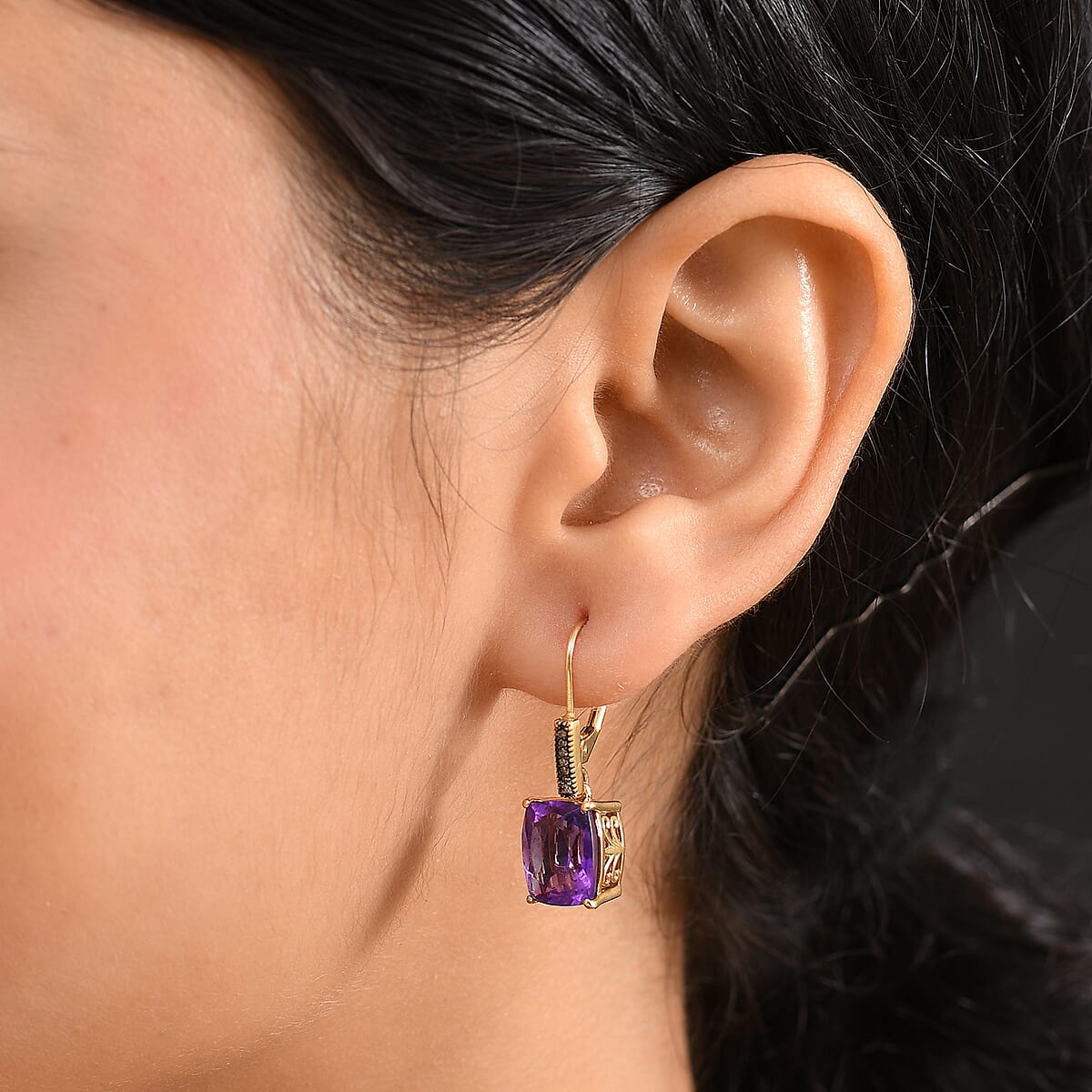 D'Joy Premium African Amethyst and Natural Champagne Diamond 8.30 ctw Art Deco Earrings in 18K Vermeil Yellow Gold Over Sterling Silver image number 2