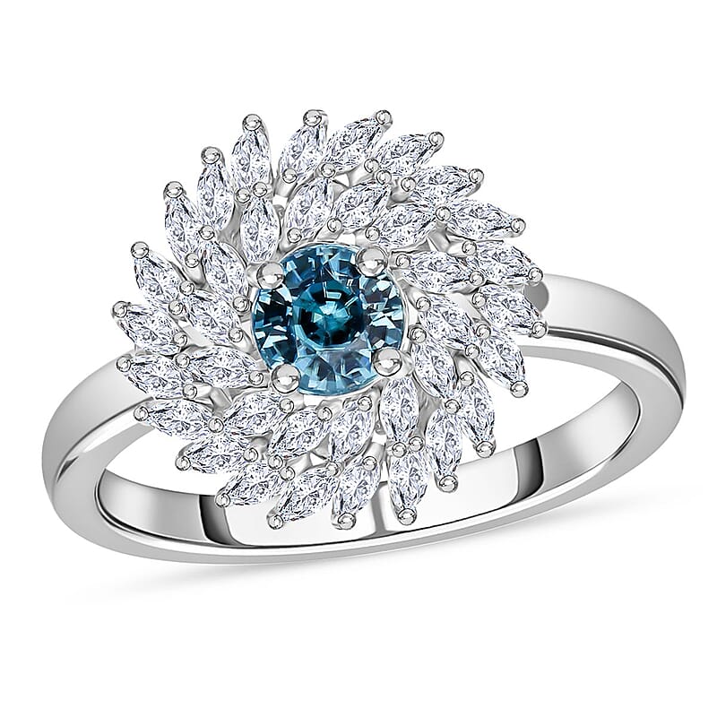 Premium Cambodian Blue Zircon and White Zircon 2.35 ctw Celestial Swirl Ring in Rhodium Over Sterling Silver (Size 10.0)