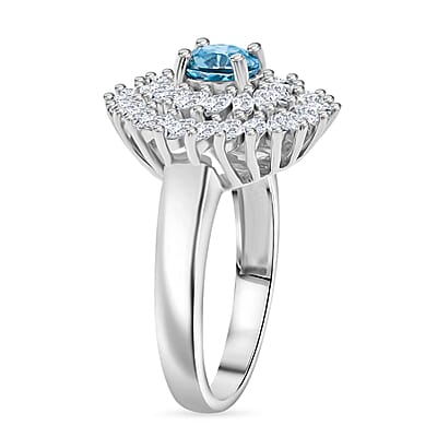Premium Cambodian Blue Zircon and White Zircon 2.35 ctw Celestial Swirl Ring in Rhodium Over Sterling Silver (Size 10.0)