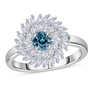 Premium Cambodian Blue Zircon and White Zircon 2.35 ctw Celestial Swirl Ring in Rhodium Over Sterling Silver (Size 7.0)