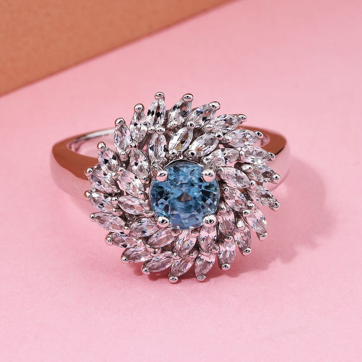 Premium Cambodian Blue Zircon and White Zircon 2.35 ctw Celestial Swirl Ring in Rhodium Over Sterling Silver (Size 7.0) image number 1