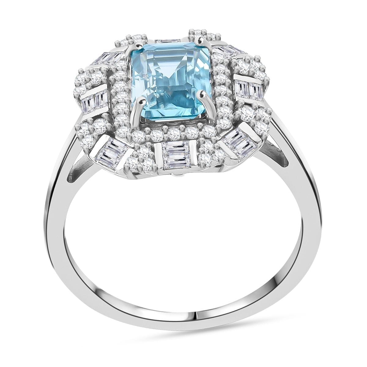 Premium Cambodian Blue Zircon and White Zircon 4.30 ctw Art Deco Ocean Ring in Rhodium Over Sterling Silver (Size 10.0) image number 0
