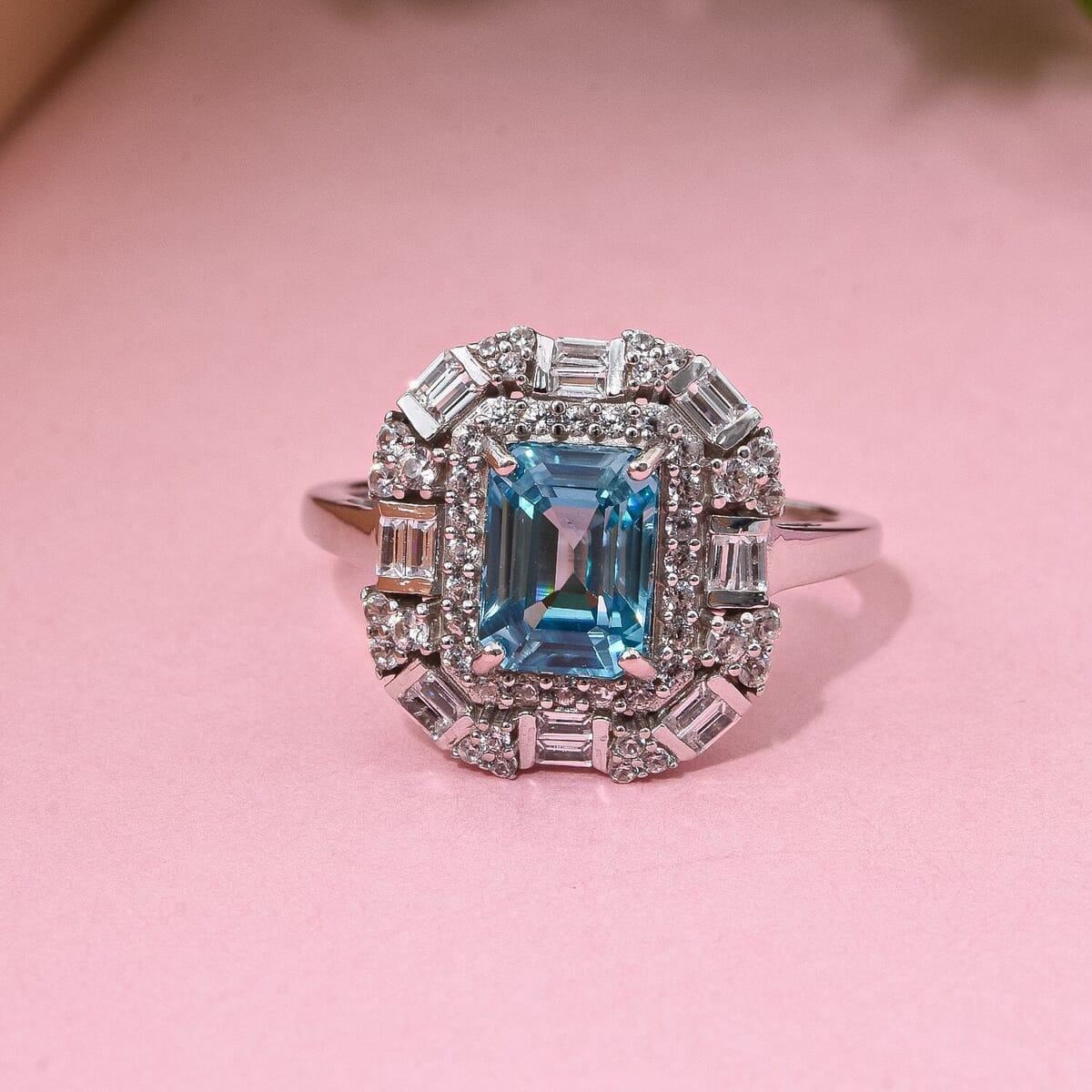 Premium Cambodian Blue Zircon and White Zircon 4.30 ctw Art Deco Ocean Ring in Rhodium Over Sterling Silver (Size 10.0) image number 1