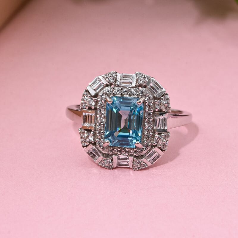 Premium Cambodian Blue Zircon and White Zircon 4.30 ctw Art Deco Ocean Ring in Rhodium Over Sterling Silver (Size 10.0)