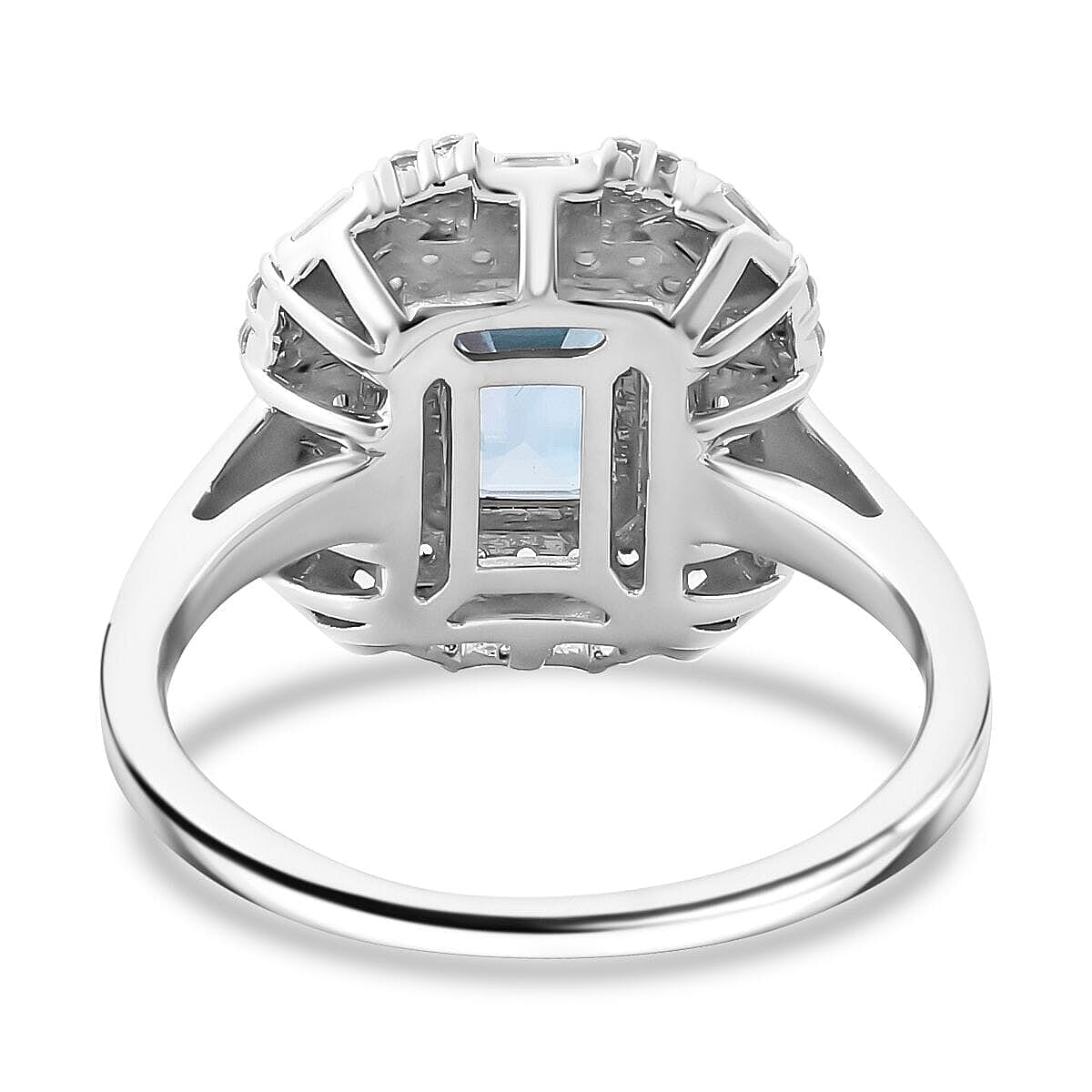 Premium Cambodian Blue Zircon and White Zircon 4.30 ctw Art Deco Ocean Ring in Rhodium Over Sterling Silver (Size 10.0)