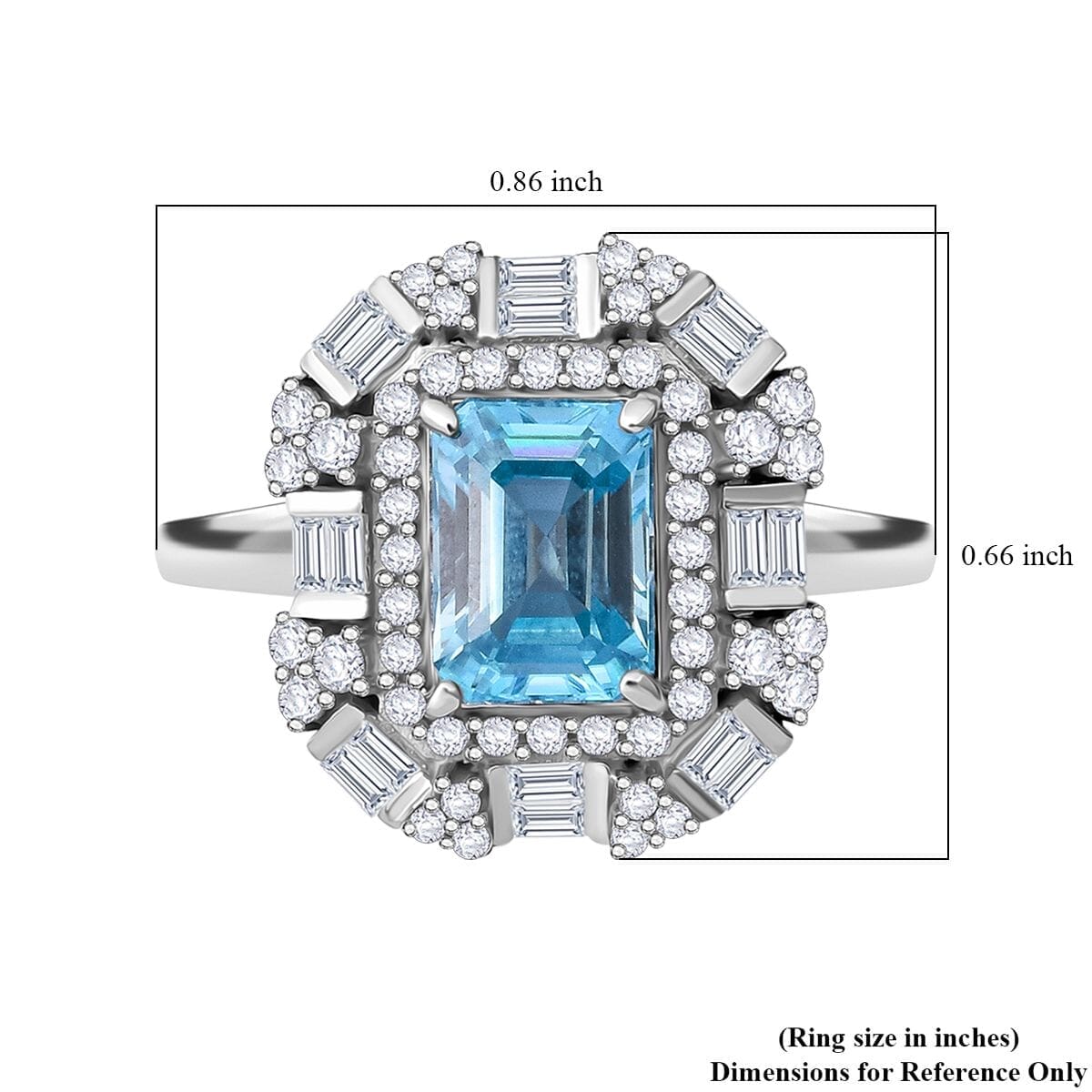 Premium Cambodian Blue Zircon and White Zircon 4.30 ctw Art Deco Ocean Ring in Rhodium Over Sterling Silver (Size 10.0) image number 5