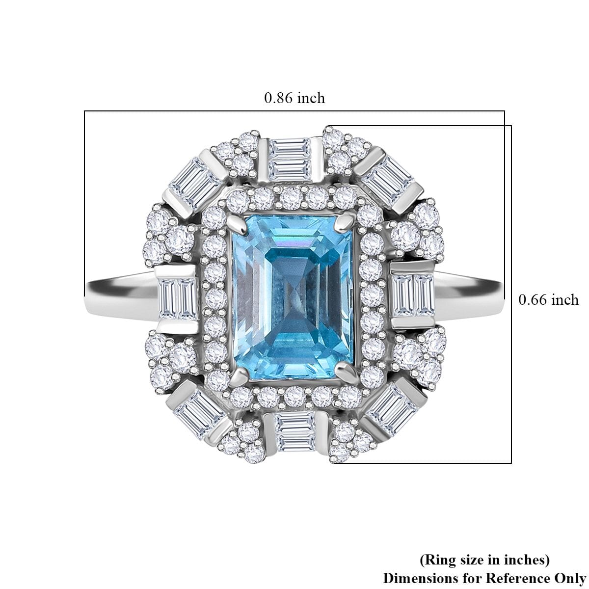 Premium Cambodian Blue Zircon and White Zircon 4.30 ctw Art Deco Ocean Ring in Rhodium Over Sterling Silver (Size 6.0) image number 5