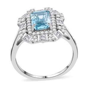 Premium Cambodian Blue Zircon and White Zircon 4.30 ctw Art Deco Ocean Ring in Rhodium Over Sterling Silver (Size 7.0)