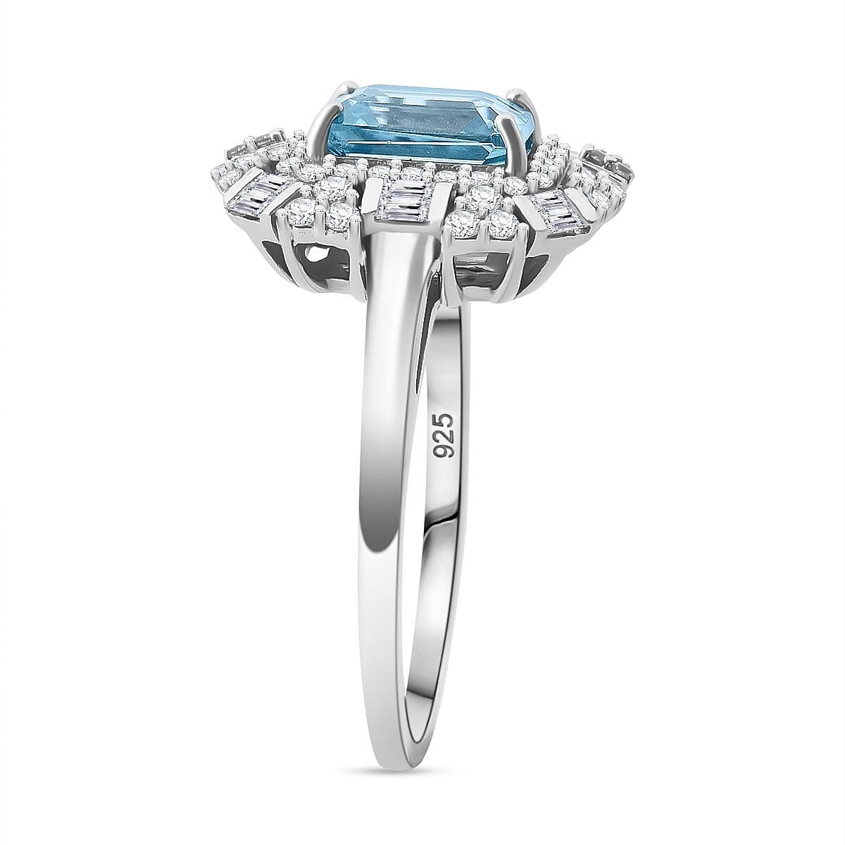 Premium Cambodian Blue Zircon and White Zircon 4.30 ctw Art Deco Ocean Ring in Rhodium Over Sterling Silver (Size 7.0) image number 3