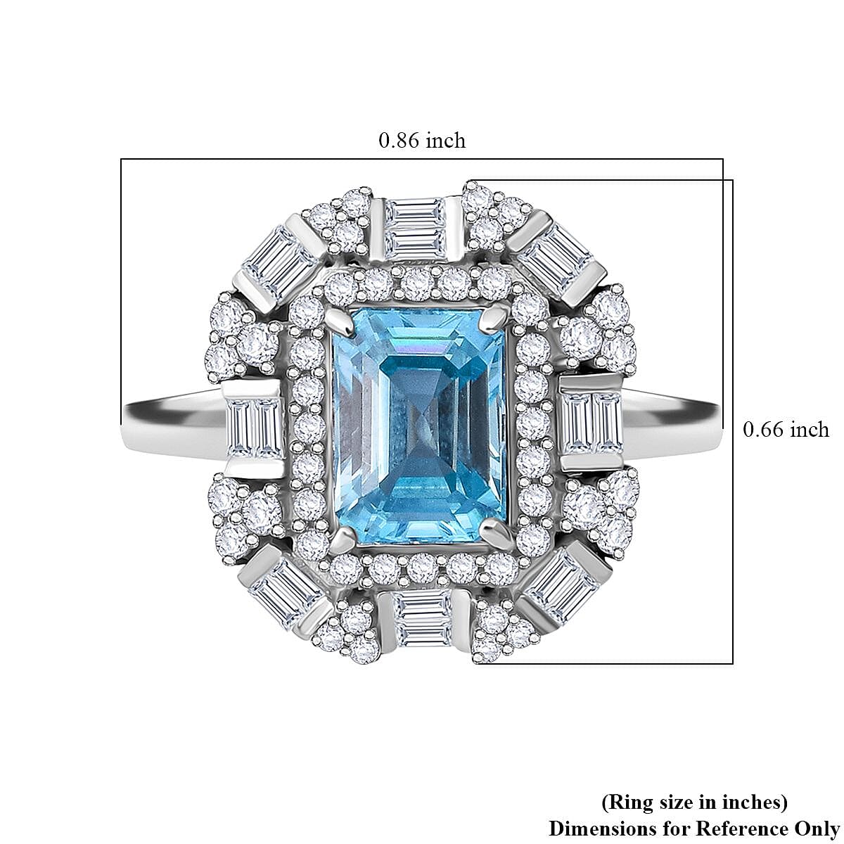 Premium Cambodian Blue Zircon and White Zircon 4.30 ctw Art Deco Ocean Ring in Rhodium Over Sterling Silver (Size 7.0) image number 5
