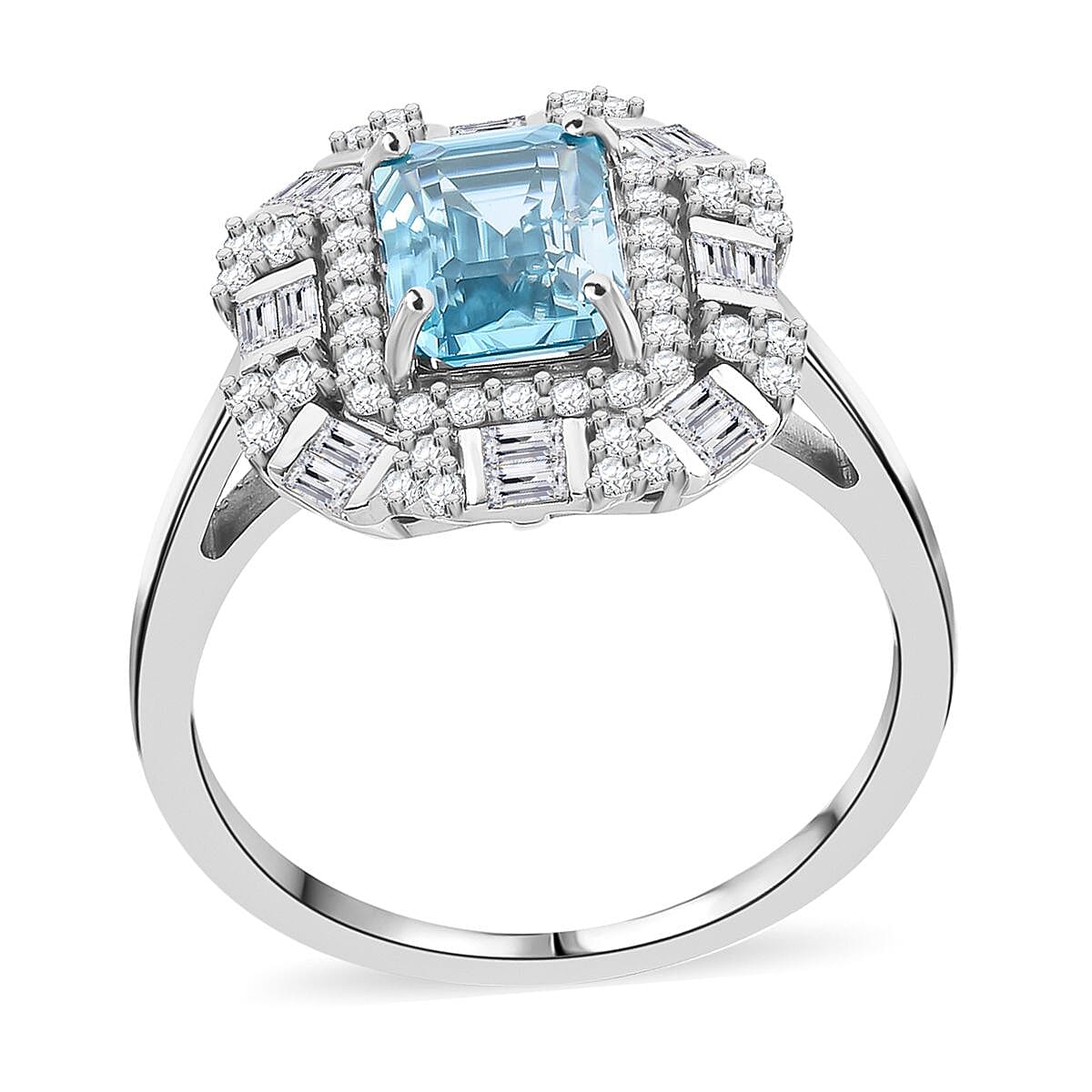 Premium Cambodian Blue Zircon and White Zircon 4.30 ctw Art Deco Ocean Ring in Rhodium Over Sterling Silver (Size 8.0) image number 0