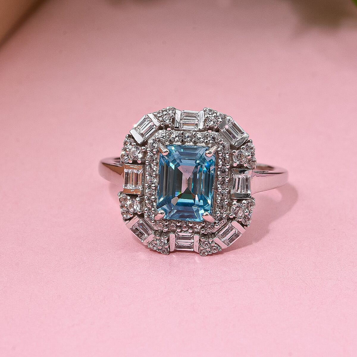 Premium Cambodian Blue Zircon and White Zircon 4.30 ctw Art Deco Ocean Ring in Rhodium Over Sterling Silver (Size 8.0) image number 1