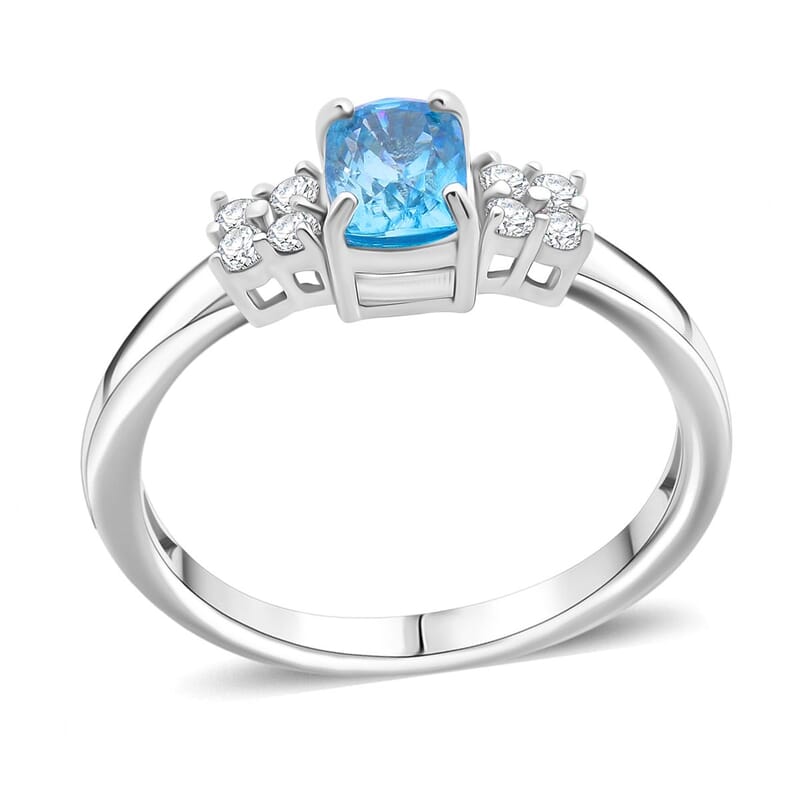 Premium Cambodian Blue Zircon and Moissanite 1.70 ctw Promise Ring in Rhodium Over Sterling Silver (Size 10.0)