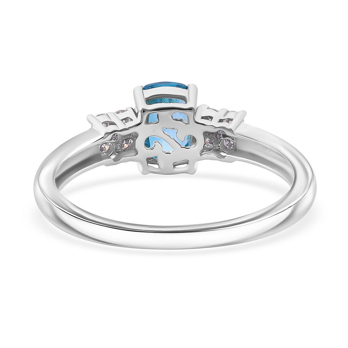 Premium Cambodian Blue Zircon and Moissanite 1.70 ctw Promise Ring in Rhodium Over Sterling Silver (Size 10.0)