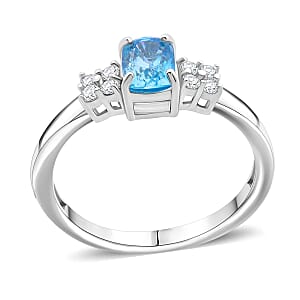 Premium Cambodian Blue Zircon and Moissanite 1.70 ctw Promise Ring in Rhodium Over Sterling Silver (Size 6.0)