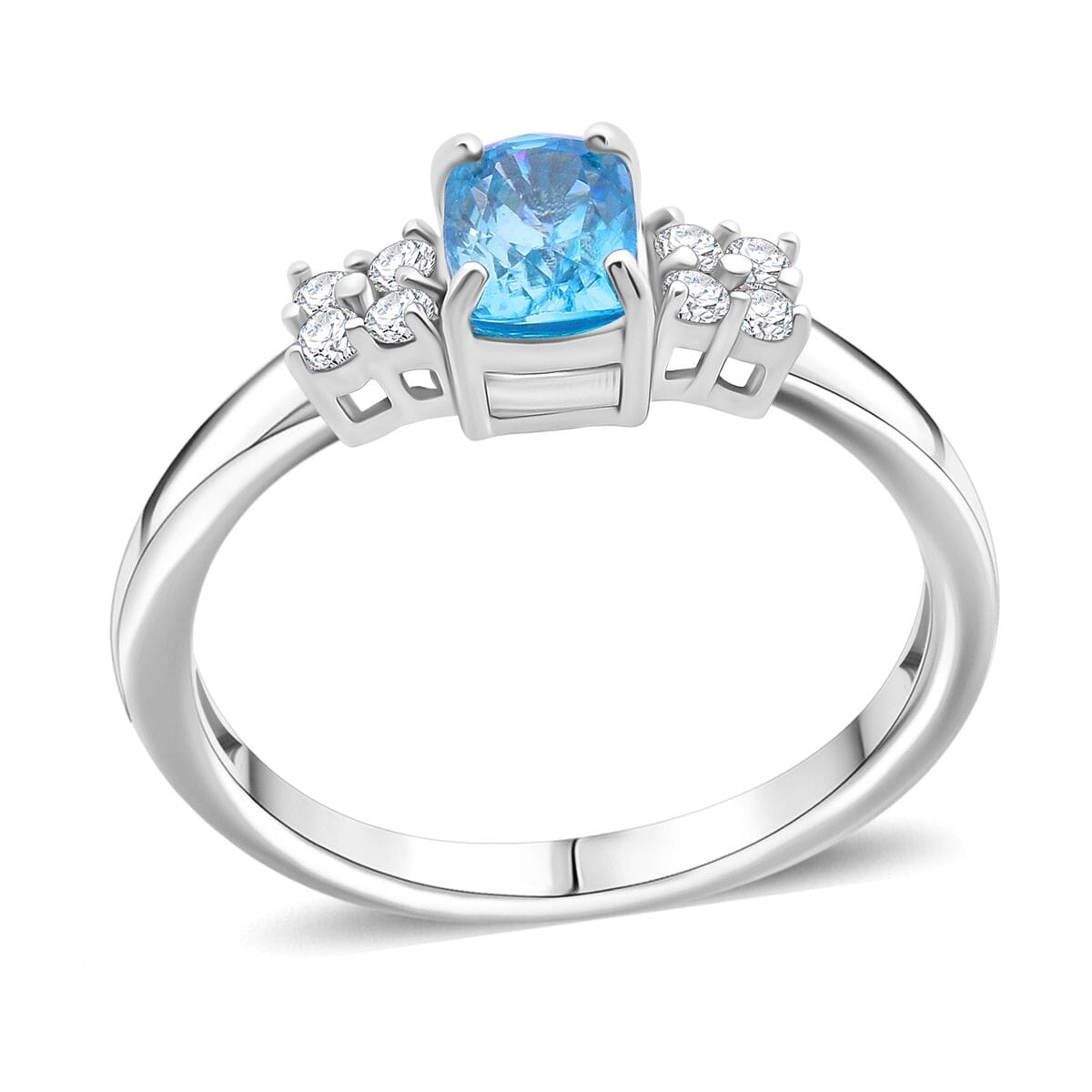 Premium Cambodian Blue Zircon and Moissanite 1.70 ctw Promise Ring in Rhodium Over Sterling Silver (Size 9.0) image number 0