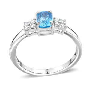 Premium Cambodian Blue Zircon and Moissanite 1.70 ctw Promise Ring in Rhodium Over Sterling Silver (Size 9.0)