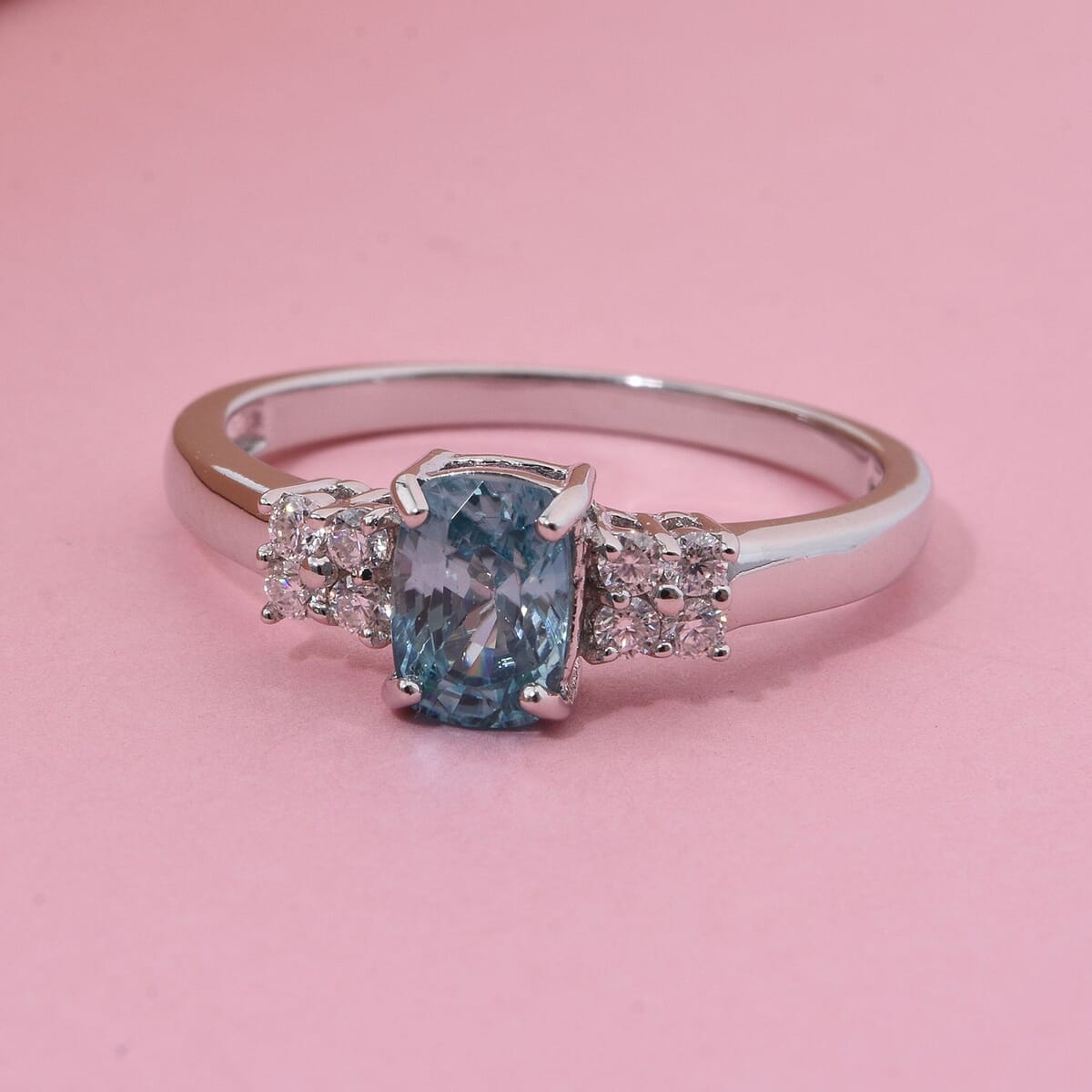 Premium Cambodian Blue Zircon and Moissanite 1.70 ctw Promise Ring in Rhodium Over Sterling Silver (Size 9.0) image number 1