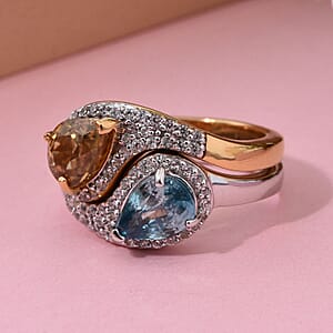 Premium Cambodian Blue Zircon and Multi Gemstone 4.00 ctw Toi Moi Ring in Vermeil YG and Rhodium Over Sterling Silver (Size 10.0)