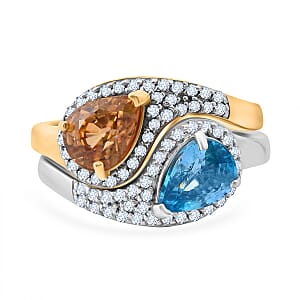 Premium Cambodian Blue Zircon and Multi Gemstone 4.00 ctw Toi Moi Ring in Vermeil YG and Rhodium Over Sterling Silver (Size 10.0)