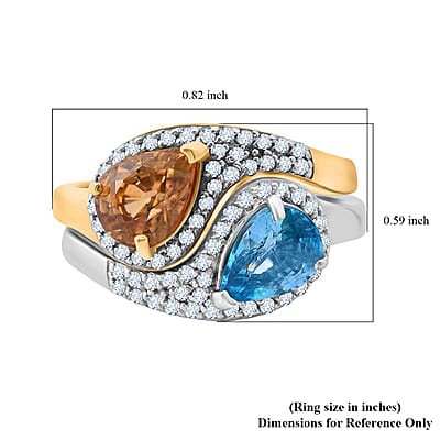 Premium Cambodian Blue Zircon and Multi Gemstone 4.00 ctw Toi Moi Ring in Vermeil YG and Rhodium Over Sterling Silver (Size 10.0)