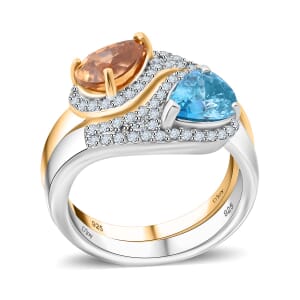 Premium Cambodian Blue Zircon and Multi Gemstone 4.00 ctw Toi Moi Ring in Vermeil YG and Rhodium Over Sterling Silver (Size 6.0)