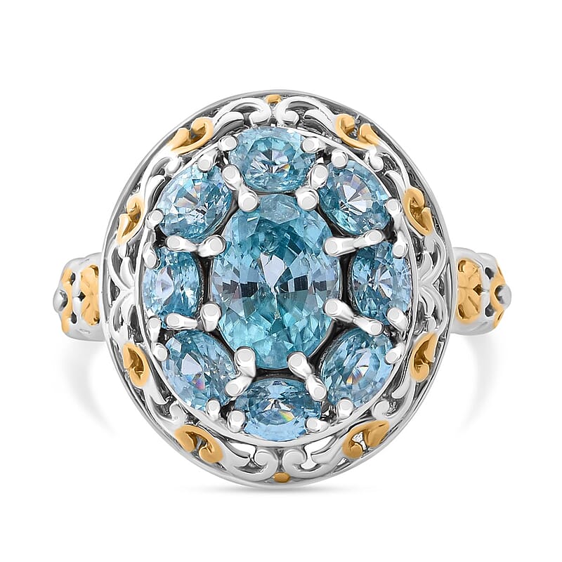 Premium Cambodian Blue Zircon 4.00 ctw Ring in Vermeil YG and Rhodium Over Sterling Silver (Size 10.0)