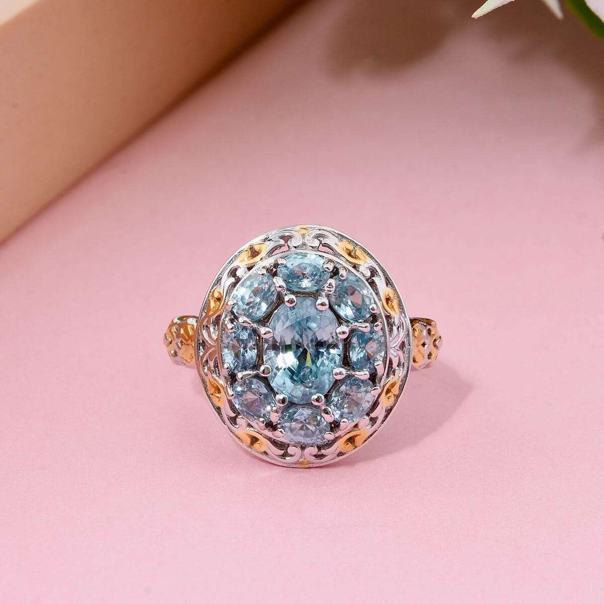 Premium Cambodian Blue Zircon 4.00 ctw Ring in Vermeil YG and Rhodium Over Sterling Silver (Size 7.0) image number 1