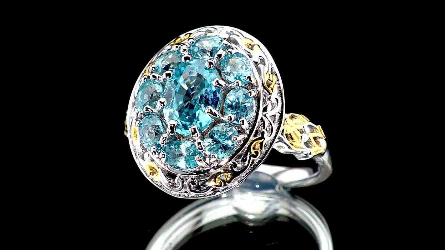 Premium Cambodian Blue Zircon and White Zircon 5.00 ctw Ring in Vermeil YG and Rhodium Over Sterling Silver (Size 7.0)