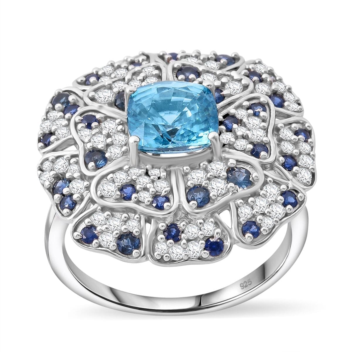 Premium Cambodian Blue Zircon and Multi Gemstone 4.10 ctw Ring in Rhodium Over Sterling Silver (Size 10.0) image number 0